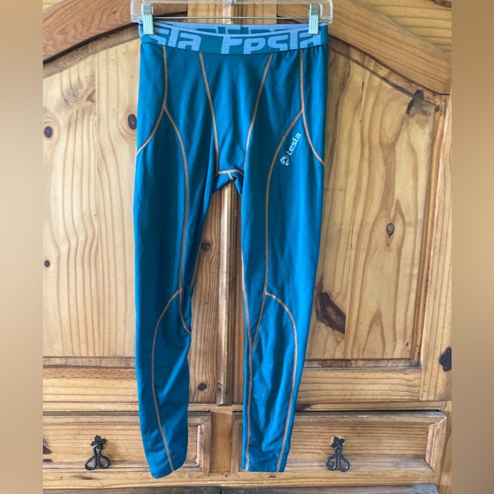 Adults Tesla green orange compression athletic leggings pants size L